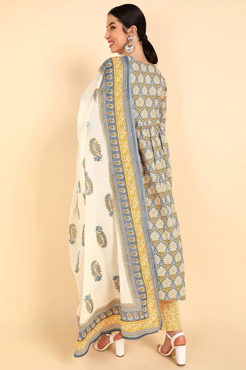 Yellow Pure Cotton Flared Kurta Pants and Dupatta Set