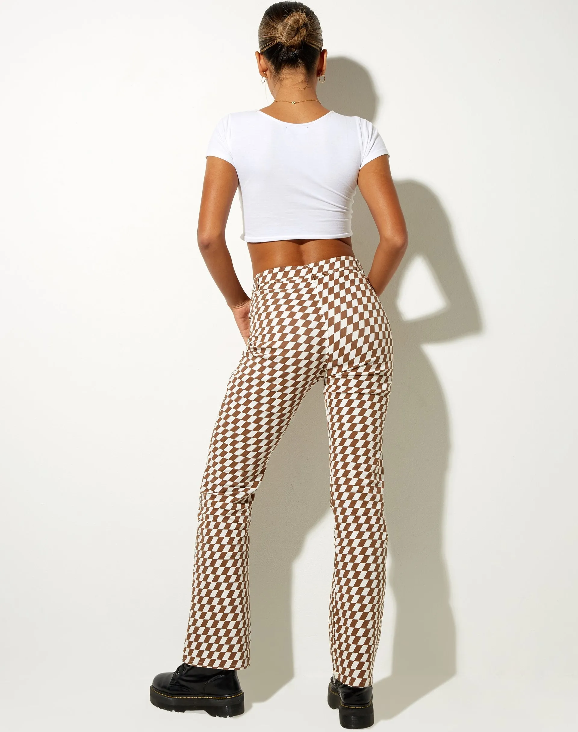 Zoven Flare Trouser in Diagonal Checker Tan and Ivory