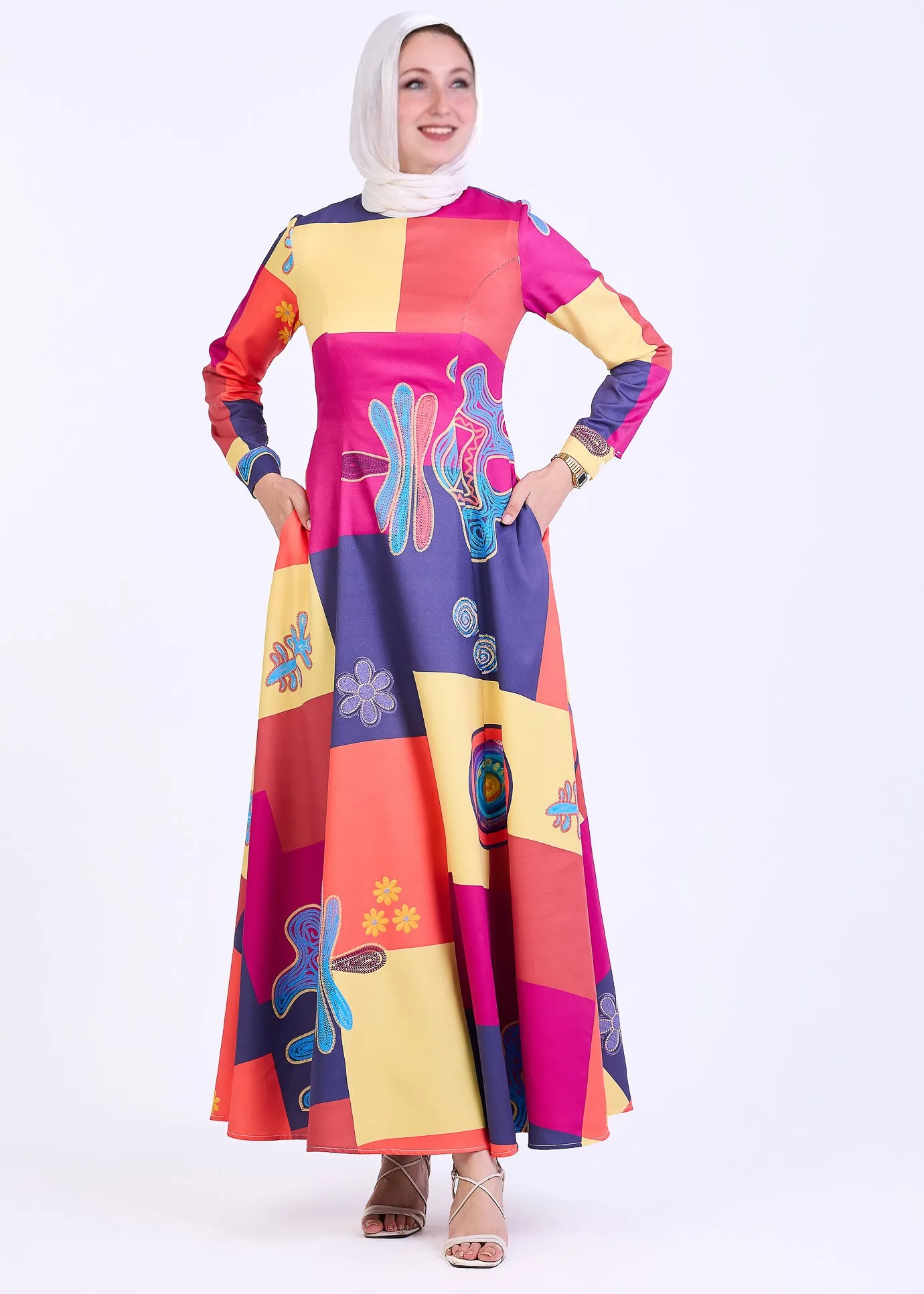 Zubaida Vibrant Patchwork Crepe Maxi Dress with Bold Abstract Print