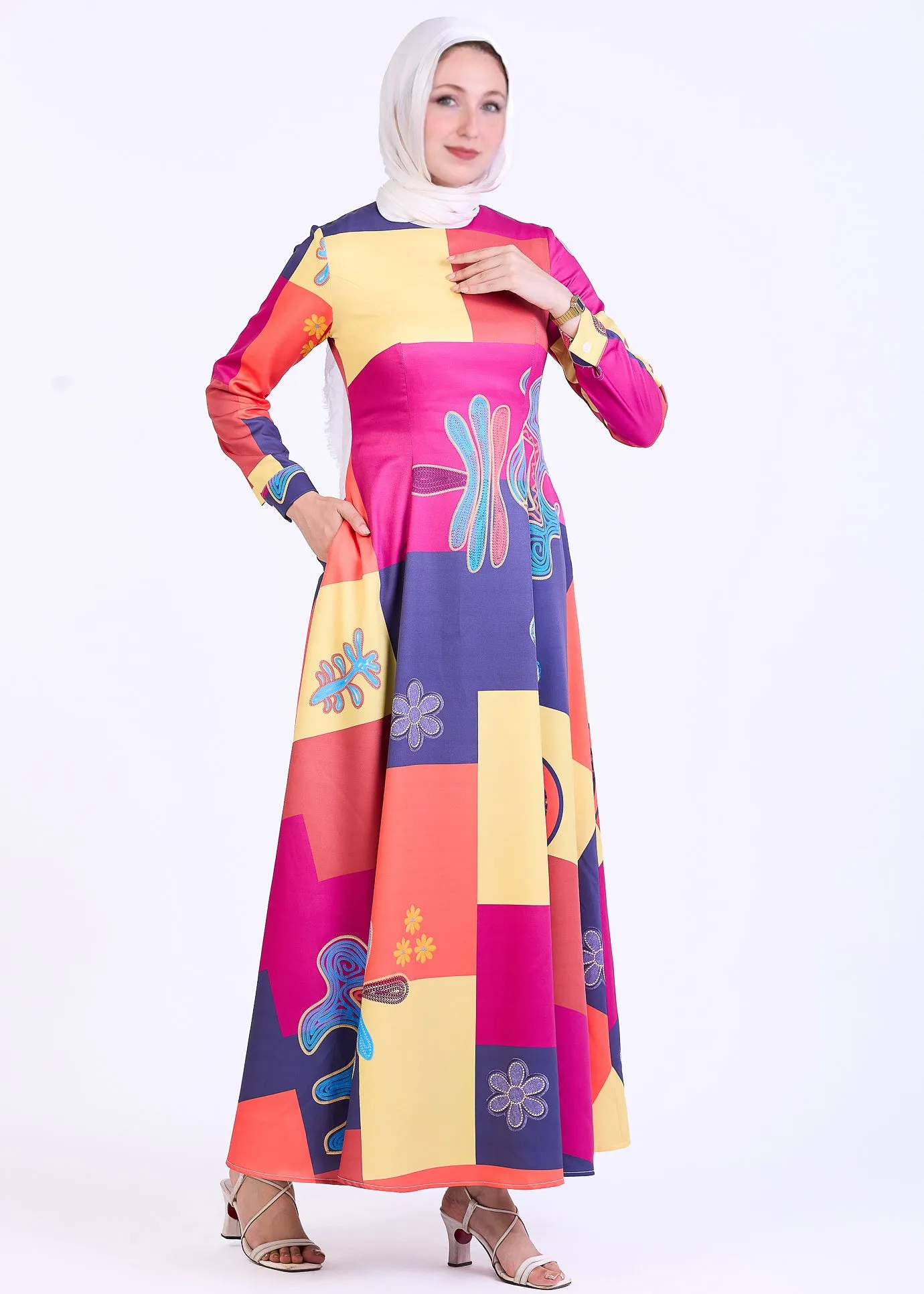 Zubaida Vibrant Patchwork Crepe Maxi Dress with Bold Abstract Print