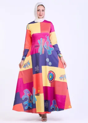 Zubaida Vibrant Patchwork Crepe Maxi Dress with Bold Abstract Print